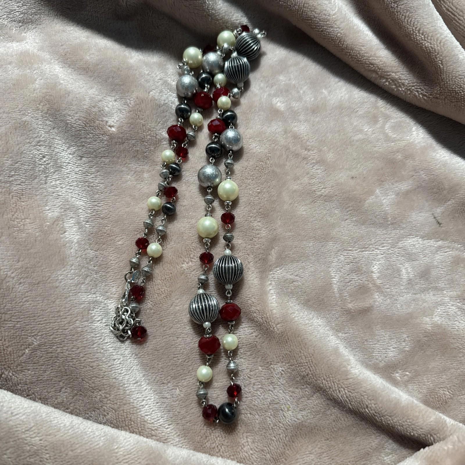 Vintage Premier Designs Silver And Red Beaded Necklace J12 13$